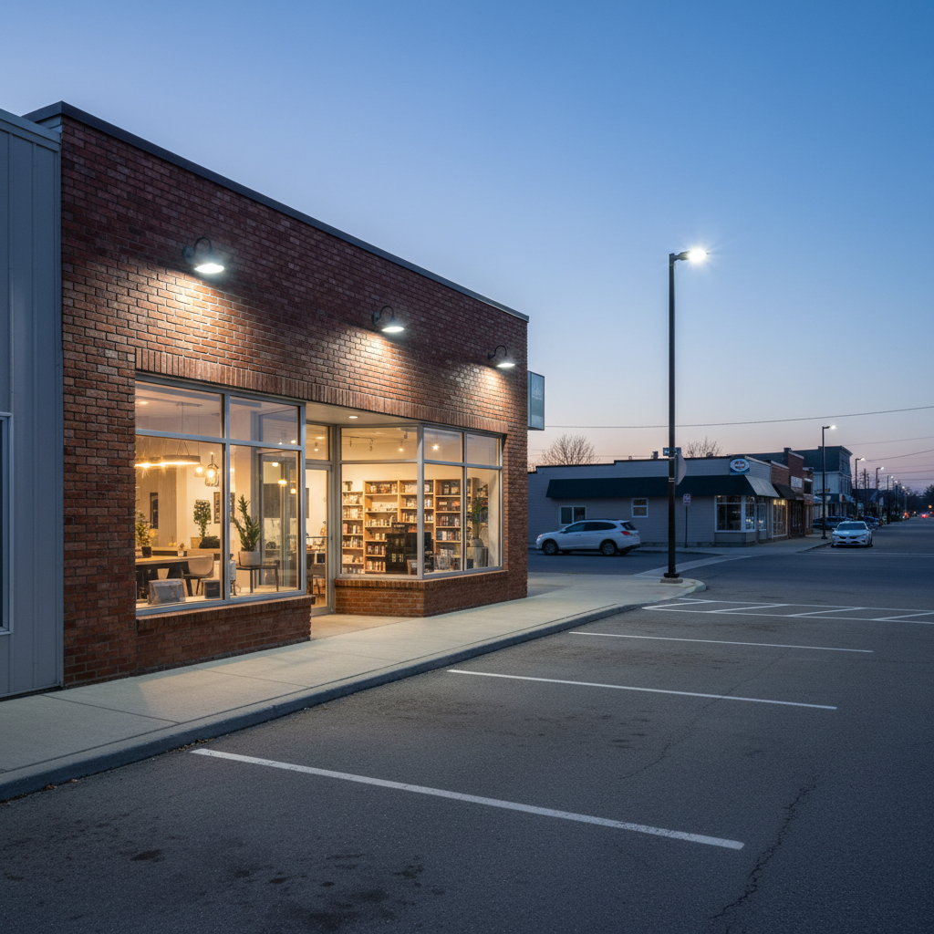 A twilight exterior of a small commercial storefront in a Simcoe or Dufferin County–style main street, with new, evenly spaced LED wall packs illuminating the brick façade and a well-lit parking area. Decorative gooseneck fixtures cast warm pools of light over large display windows, revealing hints of a tidy interior. The sky glows soft blue, transitioning to night, with streetlights and distant building outlines softly blurred. Photographic realism with a wide-angle lens, shot from street level to capture the full storefront and its lighting design. The scene feels safe, welcoming, and professionally executed, showcasing commercial outdoor electrical work that improves visibility and security.