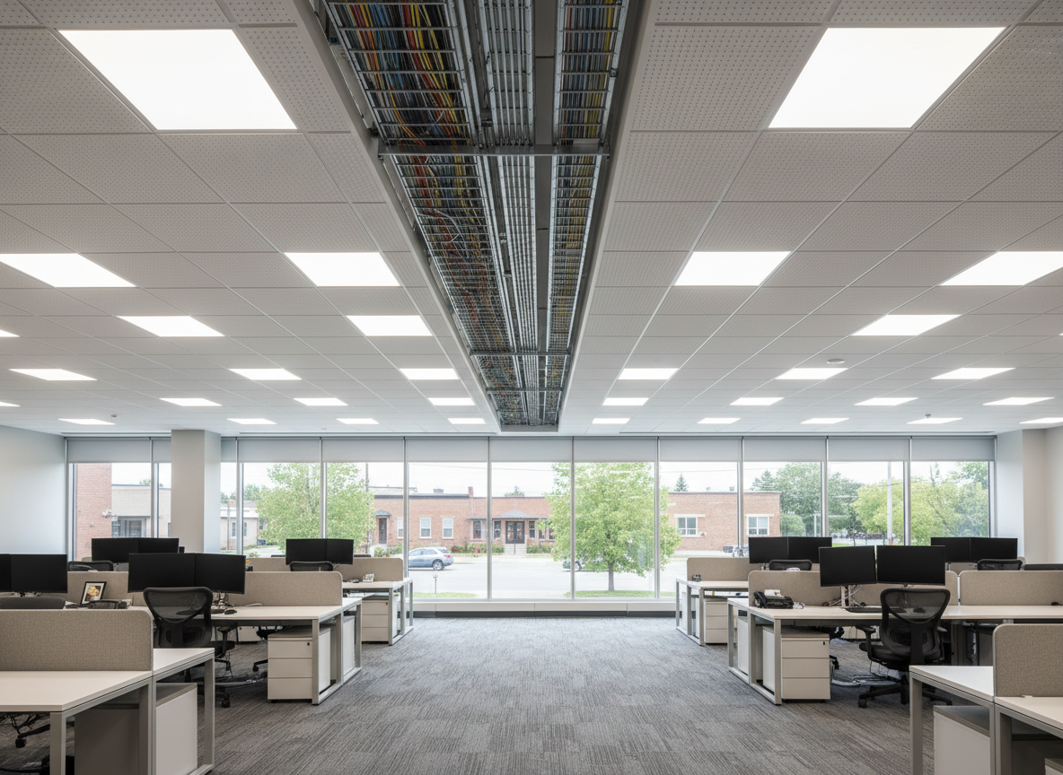 A modern commercial building interior with a spacious open-concept office floor, featuring precise rows of energy-efficient LED troffers recessed into a pristine acoustic ceiling, alongside clearly visible EMT conduit and cable trays running perfectly straight. Large windows reveal a subtle glimpse of a small-town streetscape reminiscent of Simcoe and Dufferin Counties, with low-rise buildings and tree-lined roads. Neutral, balanced lighting from both daylight and cool-white artificial sources creates an evenly illuminated, professional atmosphere. Shot from a slightly elevated angle with photographic realism, sharp focus throughout, and a clean, corporate aesthetic that highlights expert commercial electrical installation work.