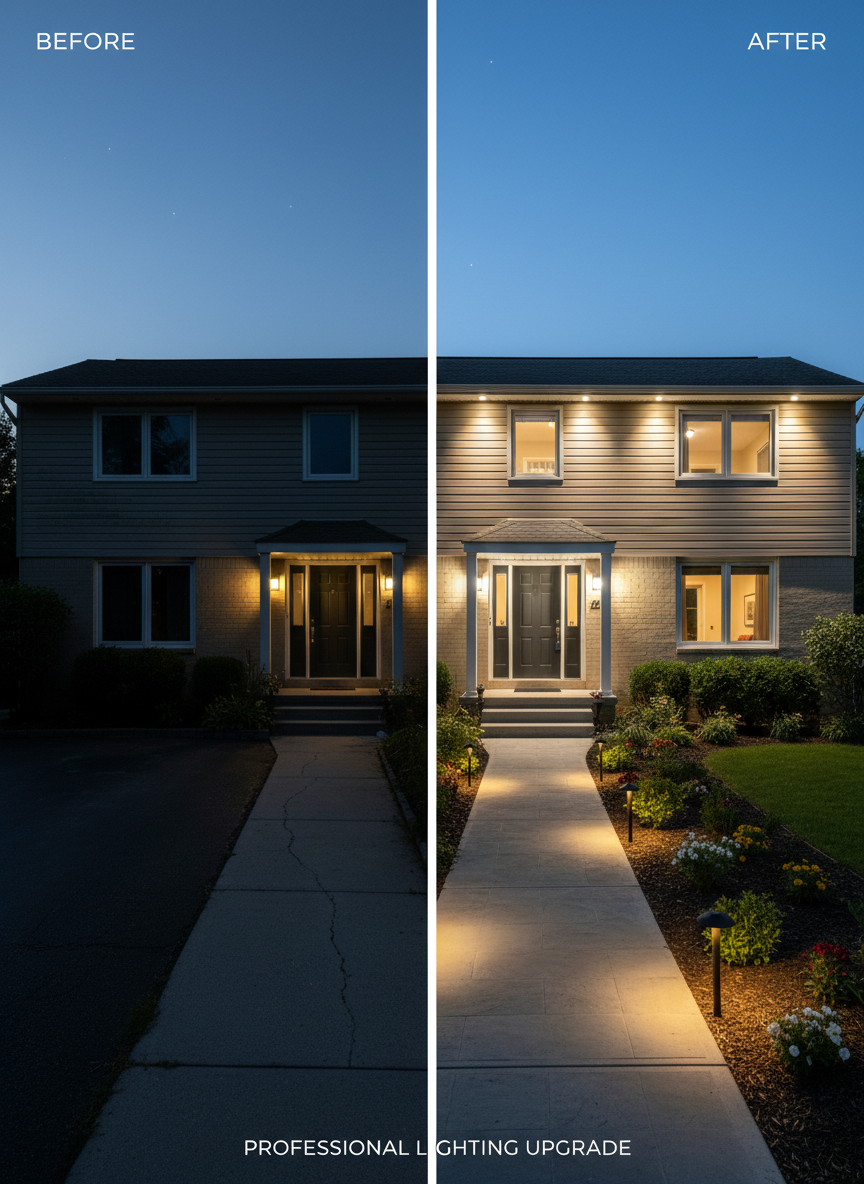 A before-and-after comparison of exterior lighting on a suburban home. On the left, a dark driveway with an old, yellowed porch light and deep shadows concealing the walkway. On the right, the same scene transformed with bright, evenly spaced LED soffit lights, a modern black porch fixture, and low-voltage pathway lights guiding the way to the door, all illuminating clean siding and a tidy garden. The sky is dusk blue in both halves, but the upgraded side feels brighter and more secure. Photographic realism with a wide, straight-on composition, emphasizing how professional electrical work enhances safety, curb appeal, and functionality.