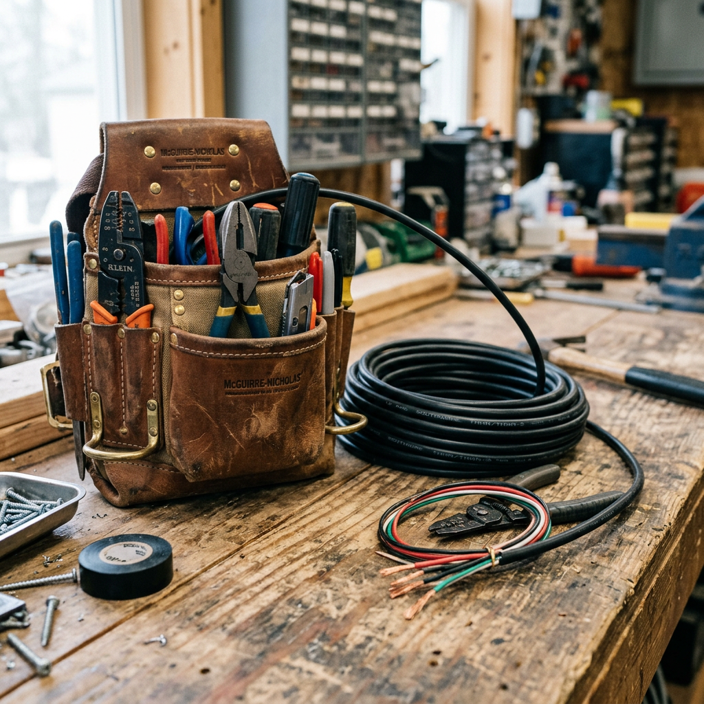 electrician's leather tool belt filled with hand tools next to coiled electrical wiring on wooden workbench